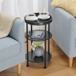 Small Round Side Table with Charging Station for Small Spaces, 3-Tier Round Accent Table with USB Ports & Power Outlets,Round Corner Table Tea Sofa Side Table for Living Room Bedroom Apartment (Black)