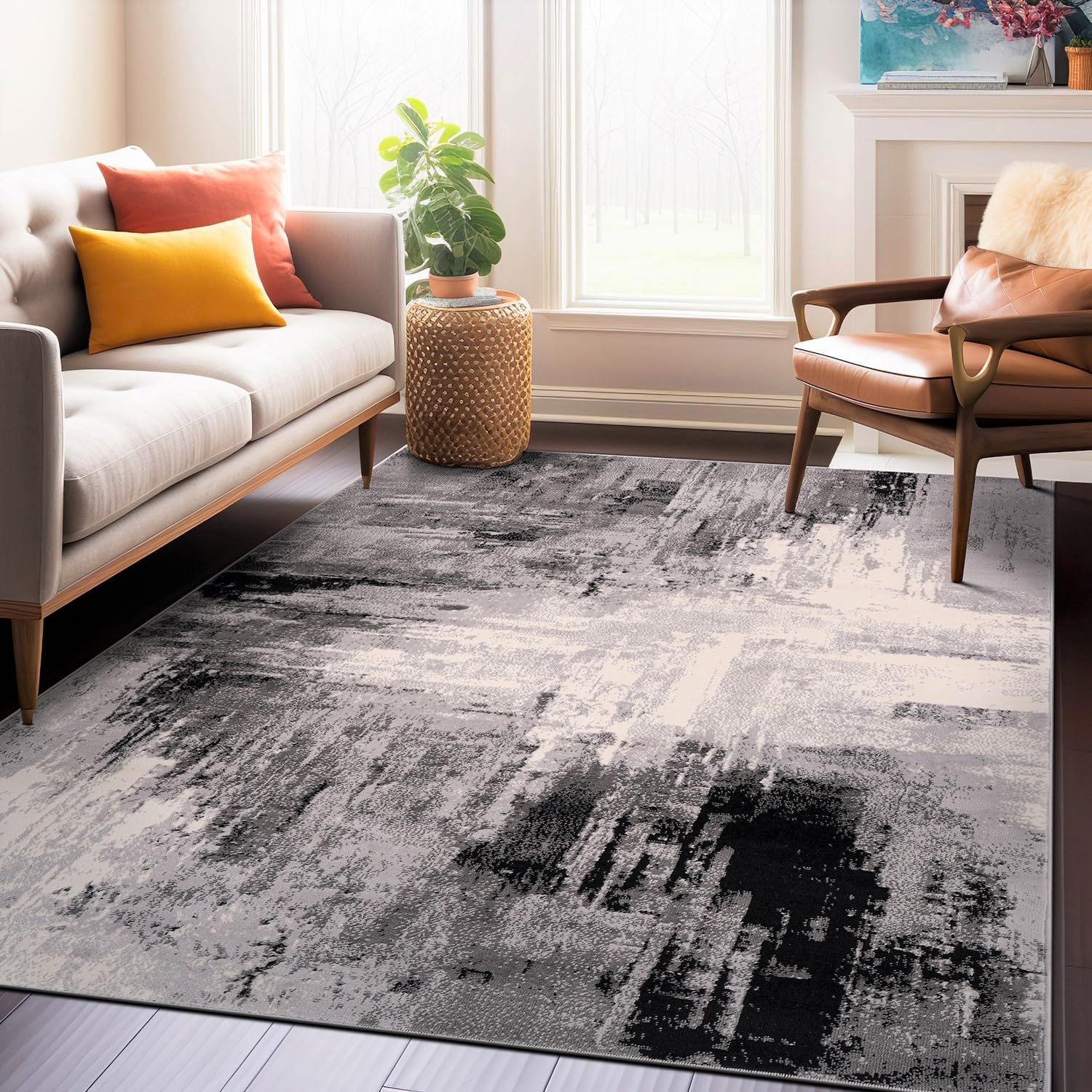 Rugshop Basel Contemporary Abstract Art Stain Resistant Soft Area Rug 5' x 7' Black