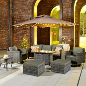 YIYAN Outdoor Patio Ottoman PE Rattan Footstool All Weather Outdoor, Wicker Rattan Outdoor Ottomans Footrest Seat with Removable Cushion(Gray)