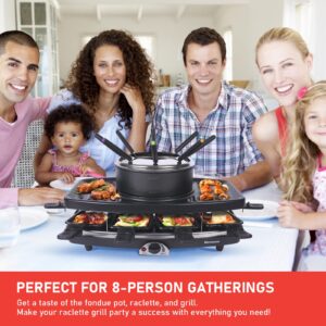 Mavouse Electric Fondue Pot Sets with Barbecue Grill, Electric lndoor Raclette Table Grill for 8 People, Adjustable Temperature Control and 8 Paddles, Perfect for Parties and Family Fun