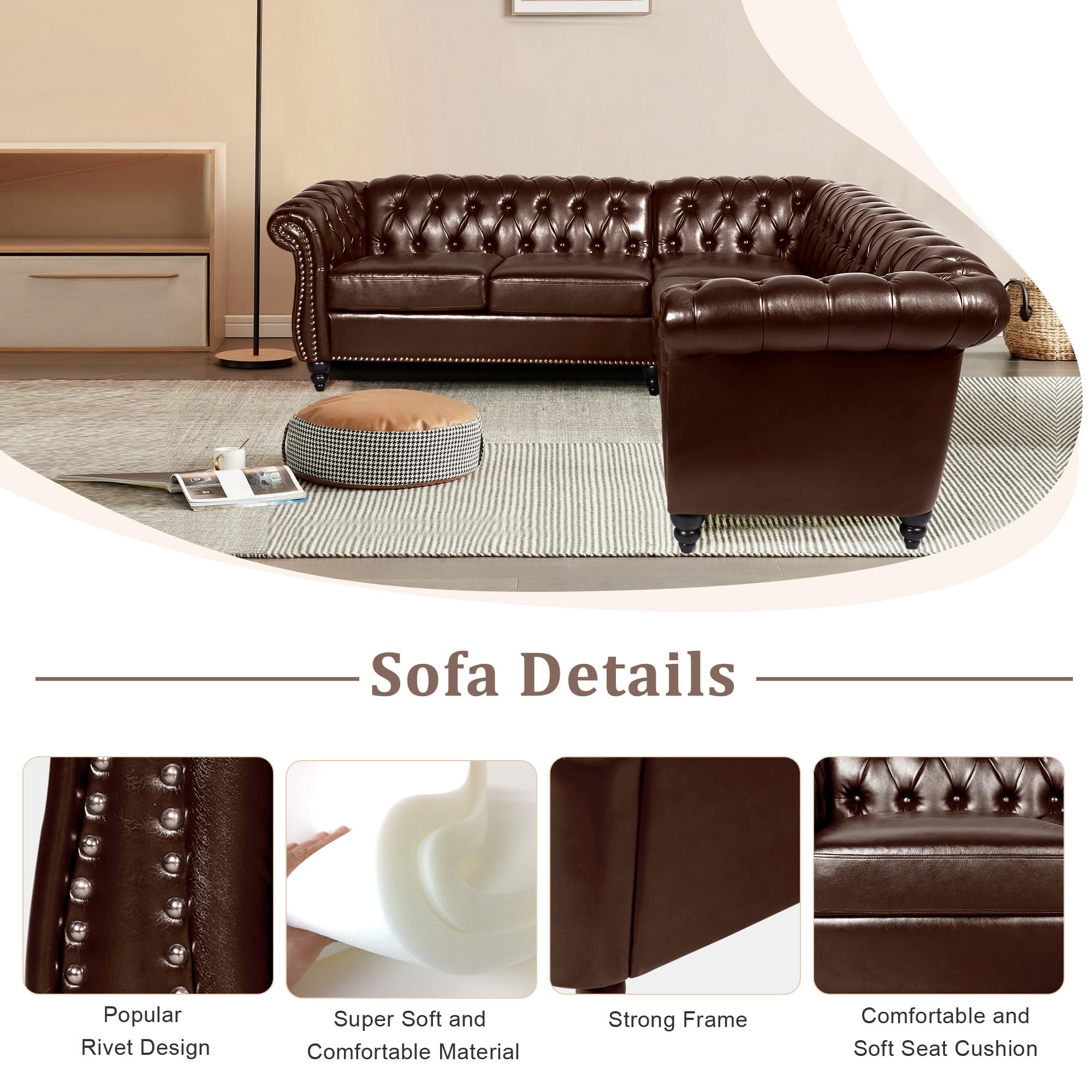 L Shaped Small Sectional Sofa, Chesterfield Leather Couch Tufted Accent Sofa with Scroll Arms and Nailhead for Living Room, Office (Dark Brown)