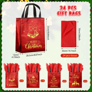 24 Pack Christmas Gift Bags with Tissues, Red Medium Reusable Christmas Tote Bags with Handles, Metallic Gold Foil Goodie Bags Non Woven Gift Bags Bulk for Christmas Holiday Party Favors, 5x8x10 Inch