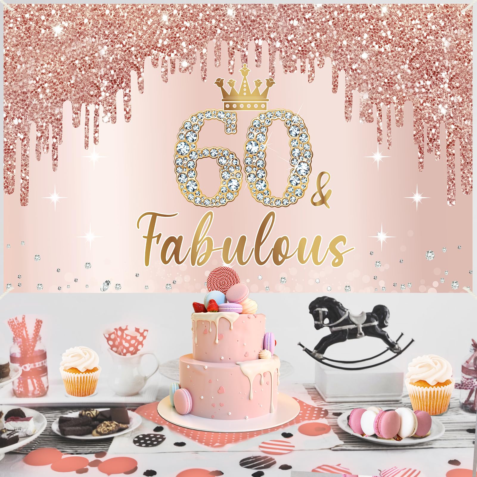 Rose Gold 60th Birthday Banner Party Decorations for Women, Pink Rose Gold 60 & Fabulous Happy 60th Birthday Banner Party Supplies, Sixty Years Old Bday Background Photo Sign for Indoor Outdoor