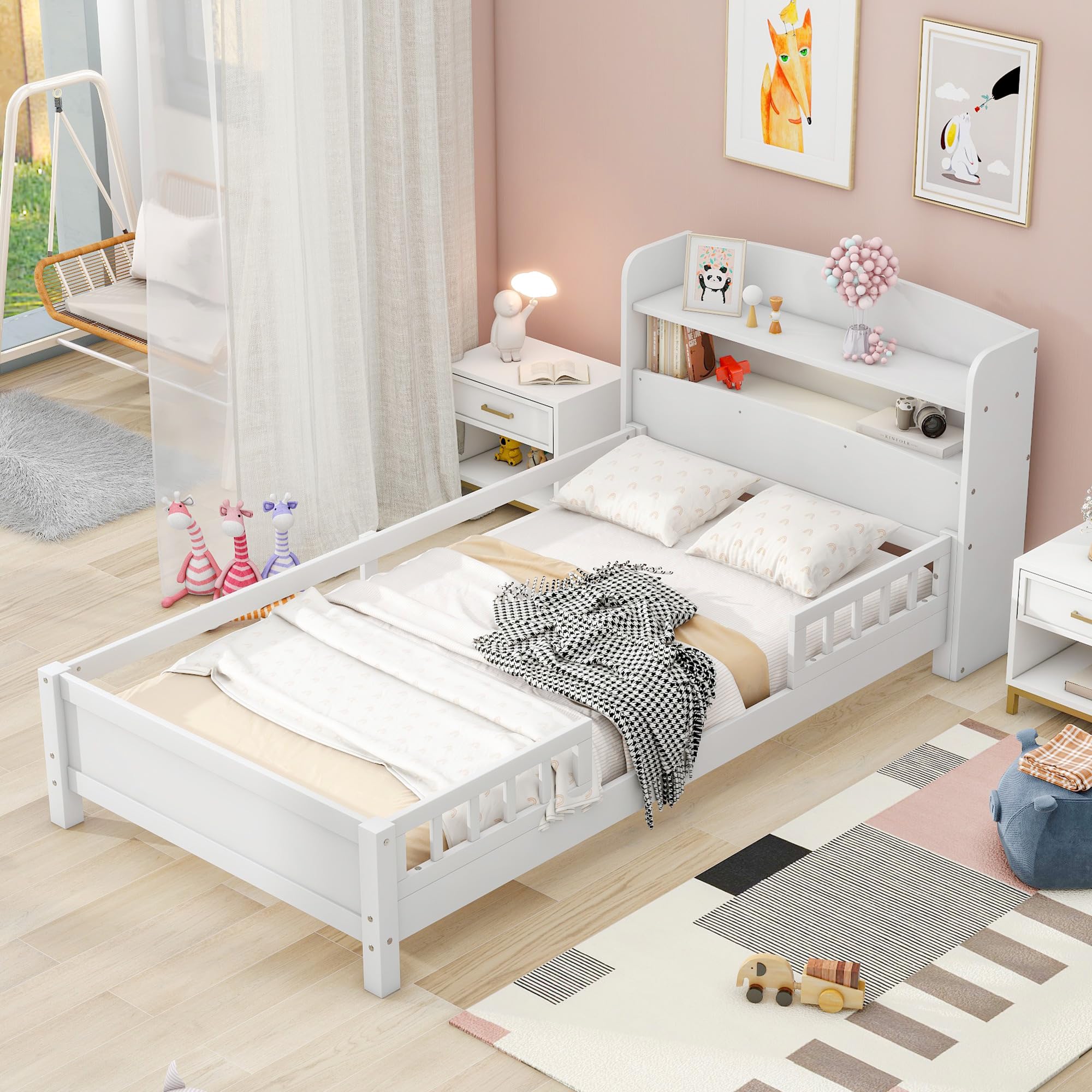 Harper & Bright Designs Kids Twin Bed with Storage Headboard and Guardrail, Wood Twin Platform Bed Frame with Built-in LED Light, for Girls Boys (Twin Size, White)