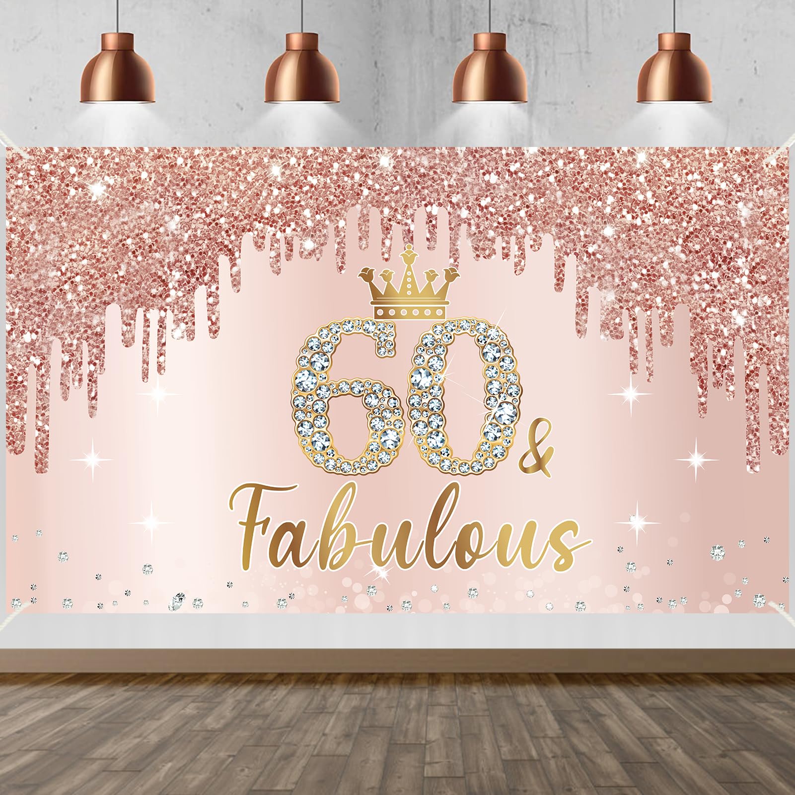 Rose Gold 60th Birthday Banner Party Decorations for Women, Pink Rose Gold 60 & Fabulous Happy 60th Birthday Banner Party Supplies, Sixty Years Old Bday Background Photo Sign for Indoor Outdoor