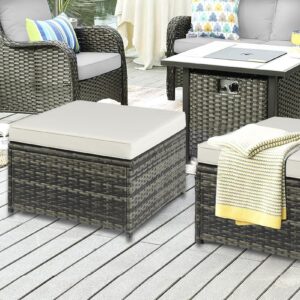 YIYAN Outdoor Patio Ottoman PE Rattan Footstool All Weather Outdoor, Wicker Rattan Outdoor Ottomans Footrest Seat with Removable Cushion(White)