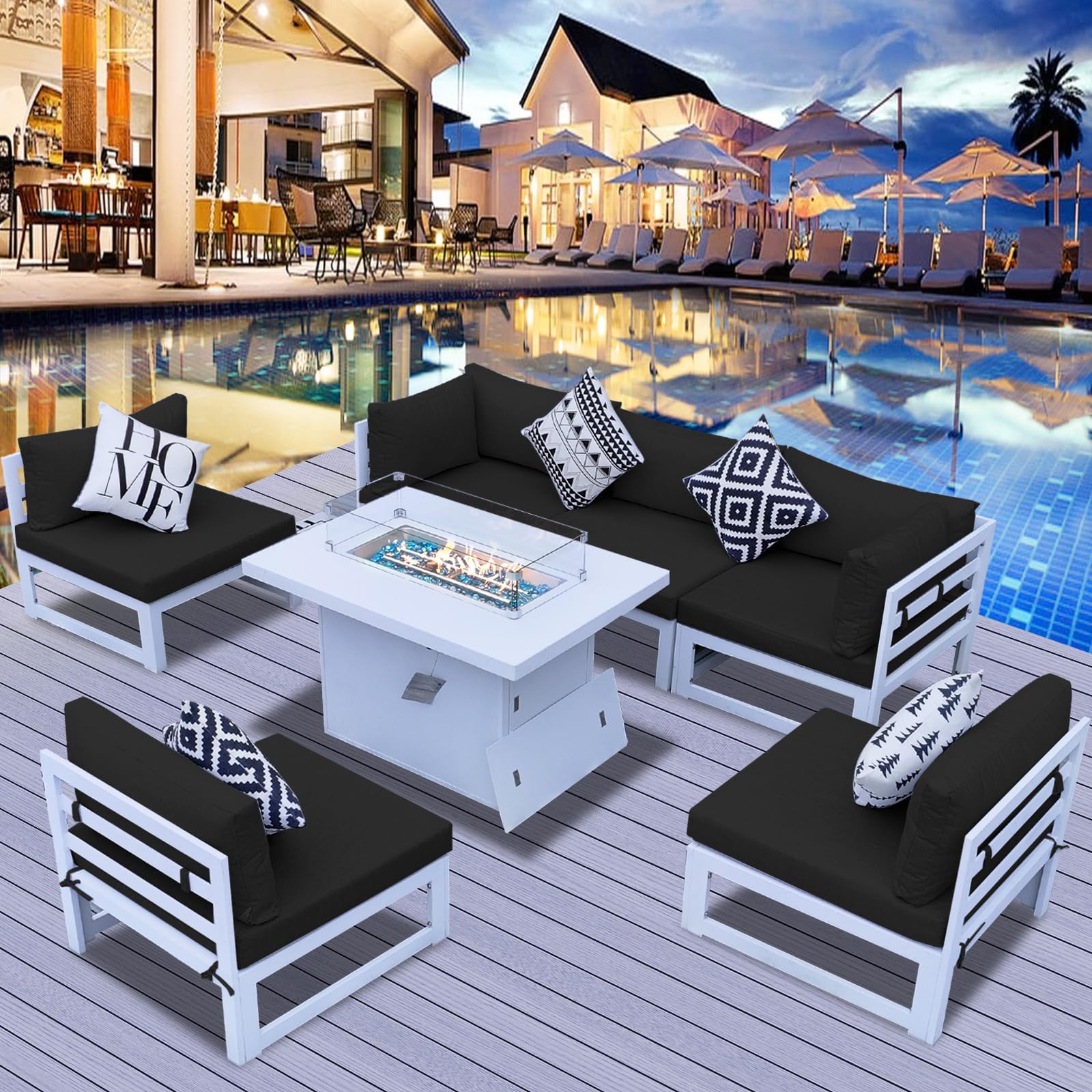 RADIATA 7 Pieces Aluminum Patio Furniture with Fire Pit Conversation Set with 29'' Large Depth Seat Outdoor Luxury Sofa Set (Black with White Aluminum)