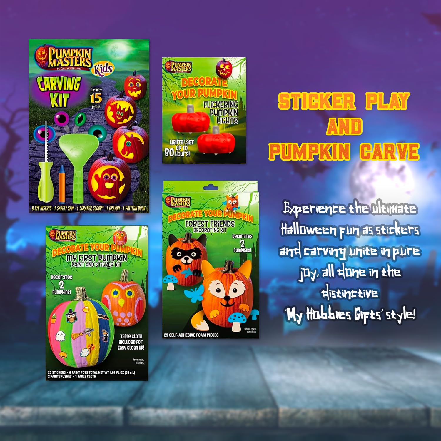 My Hobbies Gifts 4-in-1 Halloween Bundle: Pumpkin Masters Kids Pumpkin Carving Kit, Paint & Stickers, Flickering Lights, Animal Decorating Stickers - Spooky Fun! (Animals Carving & Stickers)