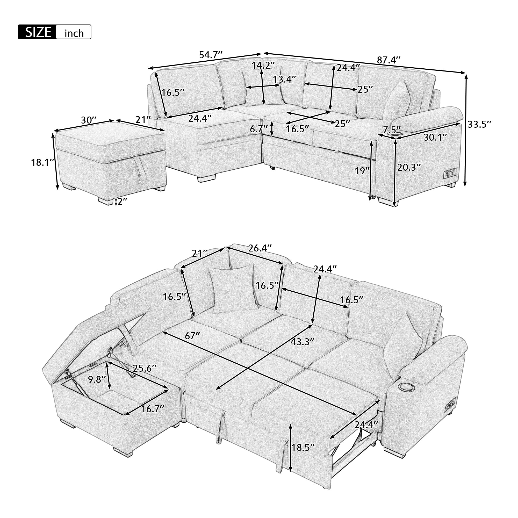 2 in 1 Pull Out Sleeper Sofa L-Shape Sofa, Sectional Sofa Bed Corner Couch with Storage Ottoman & Cup Holder & USB Charge for Living Room (Grey)