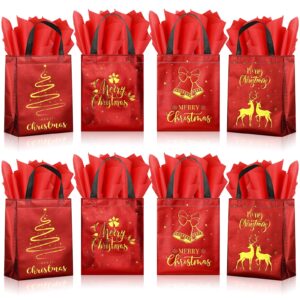 24 pack christmas gift bags with tissues, red medium reusable christmas tote bags with handles, metallic gold foil goodie bags non woven gift bags bulk for christmas holiday party favors, 5x8x10 inch