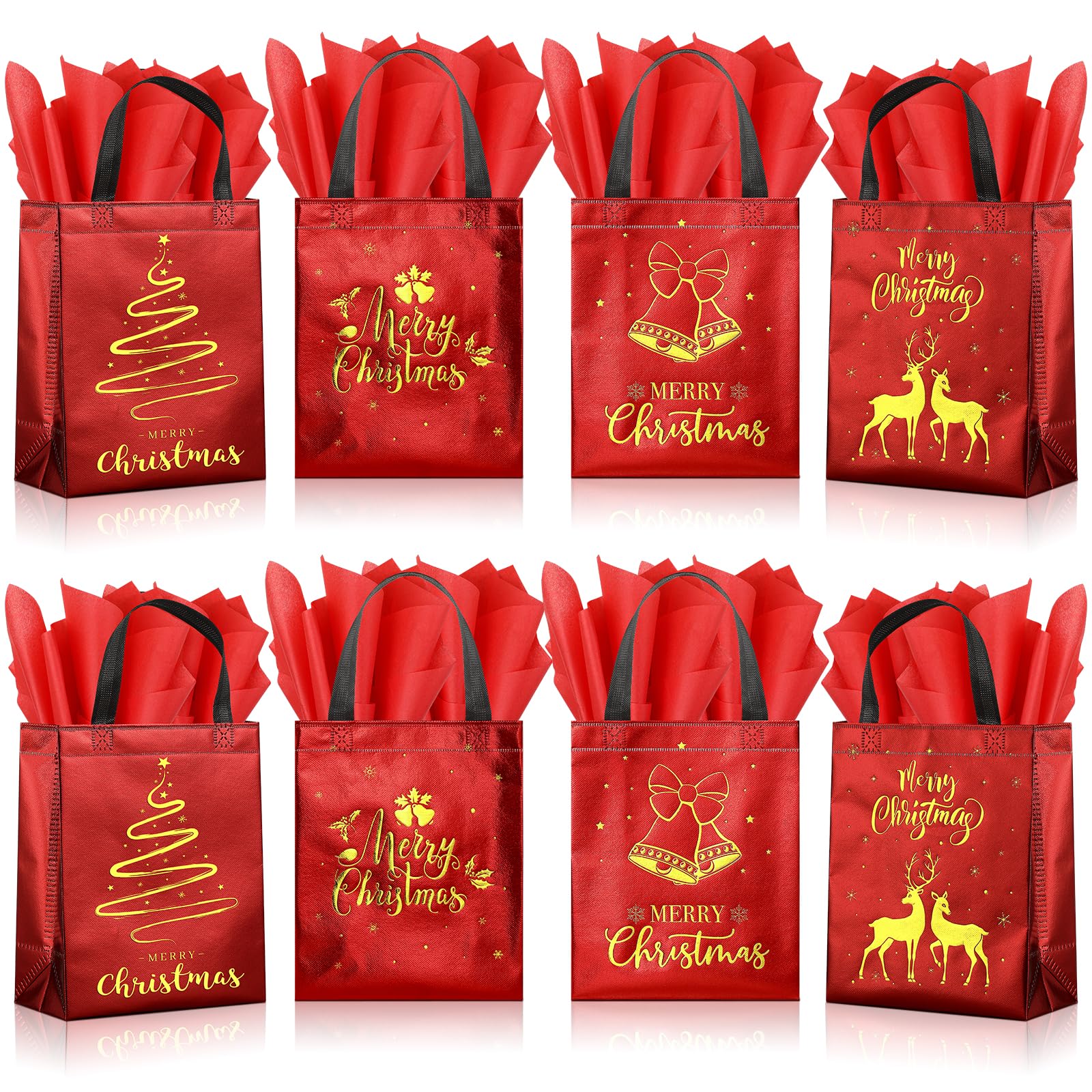 24 Pack Christmas Gift Bags with Tissues, Red Medium Reusable Christmas Tote Bags with Handles, Metallic Gold Foil Goodie Bags Non Woven Gift Bags Bulk for Christmas Holiday Party Favors, 5x8x10 Inch