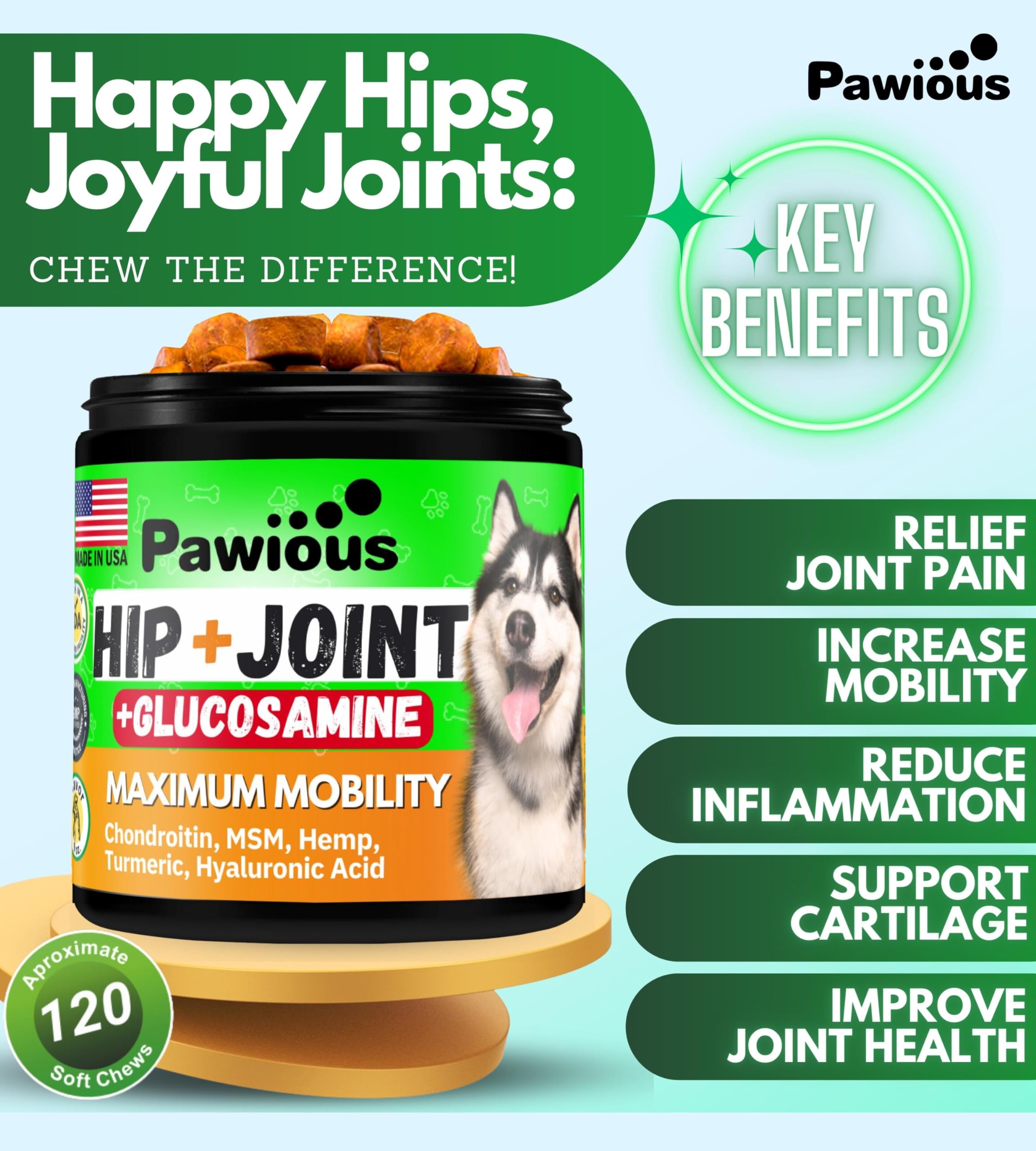 Pawious Hip and Joint Chews for Dogs - Glucosamine for Dogs - Dog Joint Pain Relief - Chondroitin, MSM, Turmeric, Hemp Oil Treats - Advanced Support Dog Joint Supplement Health - Mobility Bites