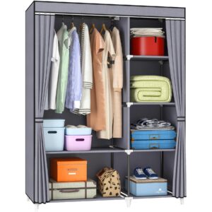 kekiwe portable closet, wardrobe closet for hanging clothes with 1 hanging rods, 6 storage organizer shelves, easy to assemble, space saving for bedroom, 43 x 17.7 x 66 inches, grey