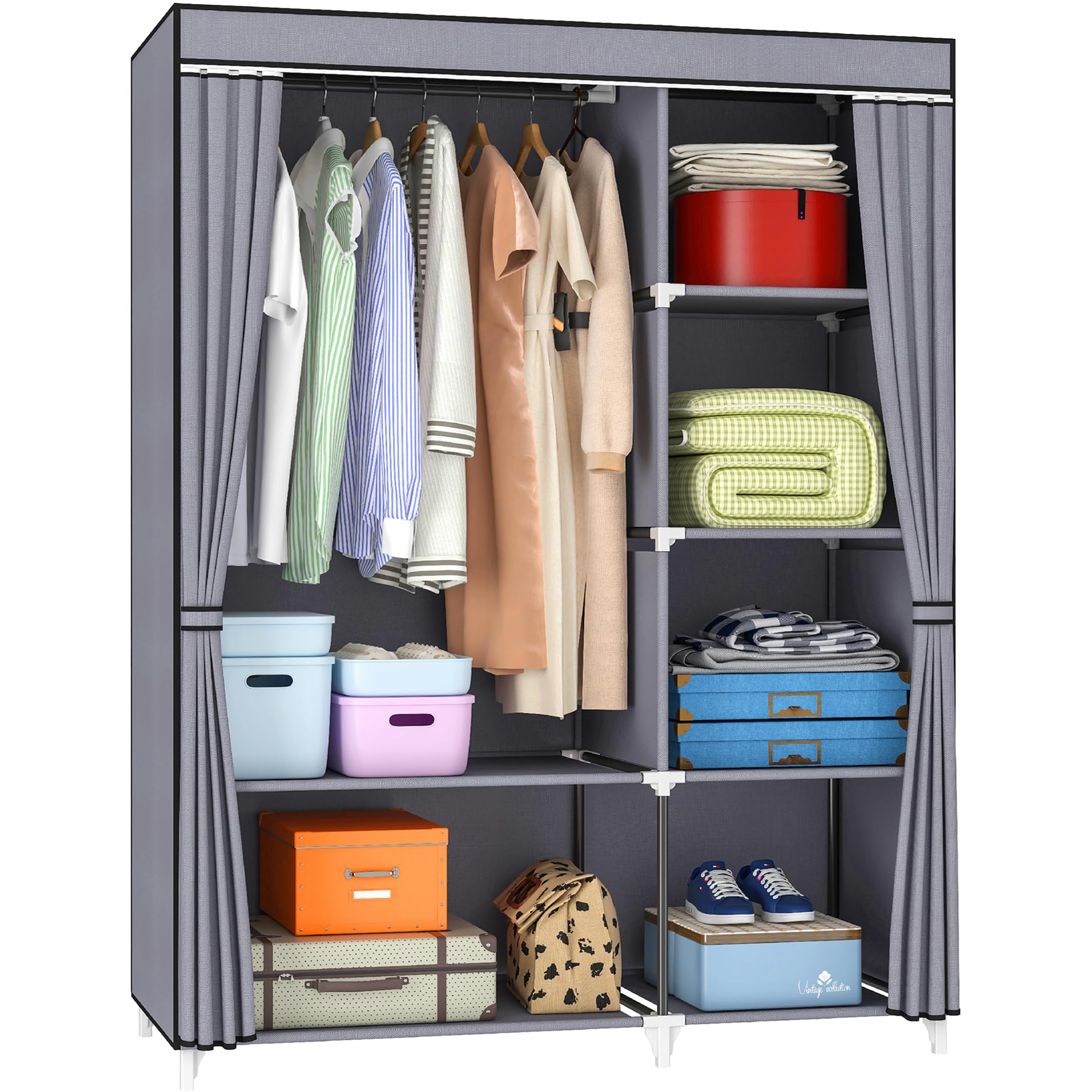 KEKIWE Portable Closet, Wardrobe Closet for Hanging Clothes with 1 Hanging Rods, 6 Storage Organizer Shelves, Easy to Assemble, Space Saving for Bedroom, 43 x 17.7 x 66 Inches, Grey