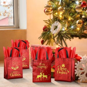 24 Pack Christmas Gift Bags with Tissues, Red Medium Reusable Christmas Tote Bags with Handles, Metallic Gold Foil Goodie Bags Non Woven Gift Bags Bulk for Christmas Holiday Party Favors, 5x8x10 Inch