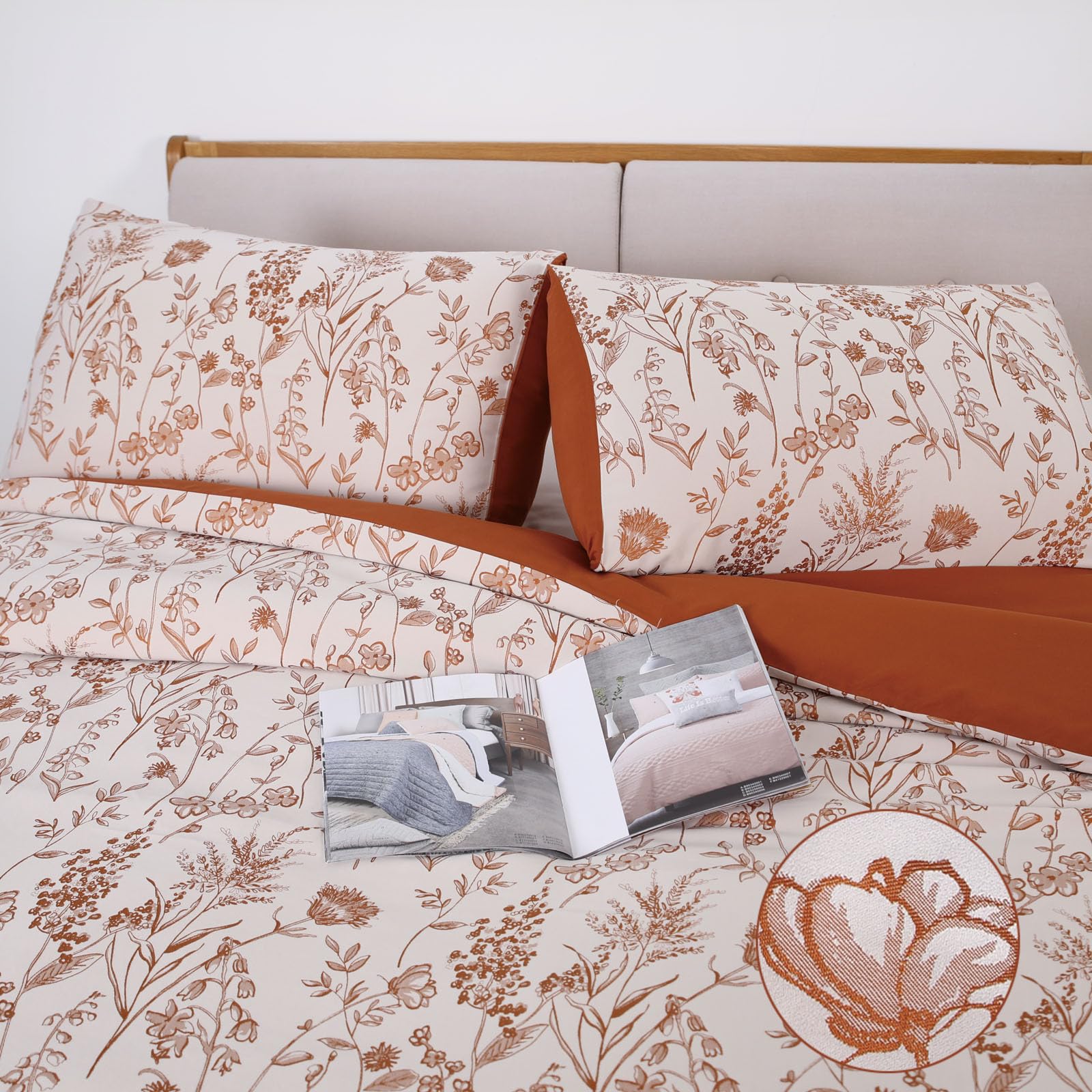 YINFUNG Flower Duvet Cover Fall Floral Embroidered Burnt Orange Terracotta Rust White Queen Spring Wildflower Botanical Jacquard Textured 3 Pieces Autumn Bedding Set Country