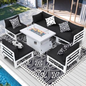 radiata 7 pieces aluminum patio furniture with fire pit conversation set with 29'' large depth seat outdoor luxury sofa set (black with white aluminum)