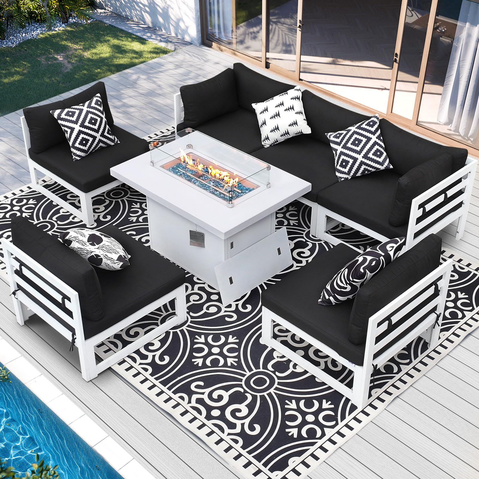 RADIATA 7 Pieces Aluminum Patio Furniture with Fire Pit Conversation Set with 29'' Large Depth Seat Outdoor Luxury Sofa Set (Black with White Aluminum)