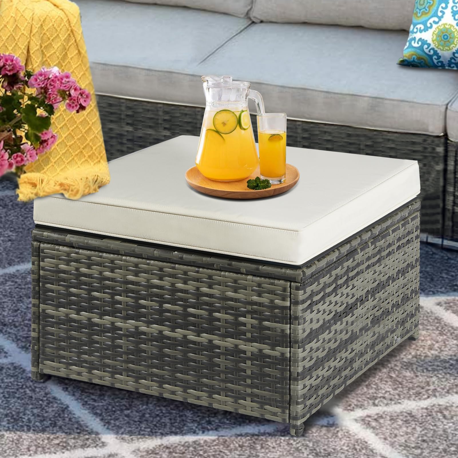 YIYAN Outdoor Patio Ottoman PE Rattan Footstool All Weather Outdoor, Wicker Rattan Outdoor Ottomans Footrest Seat with Removable Cushion(White)