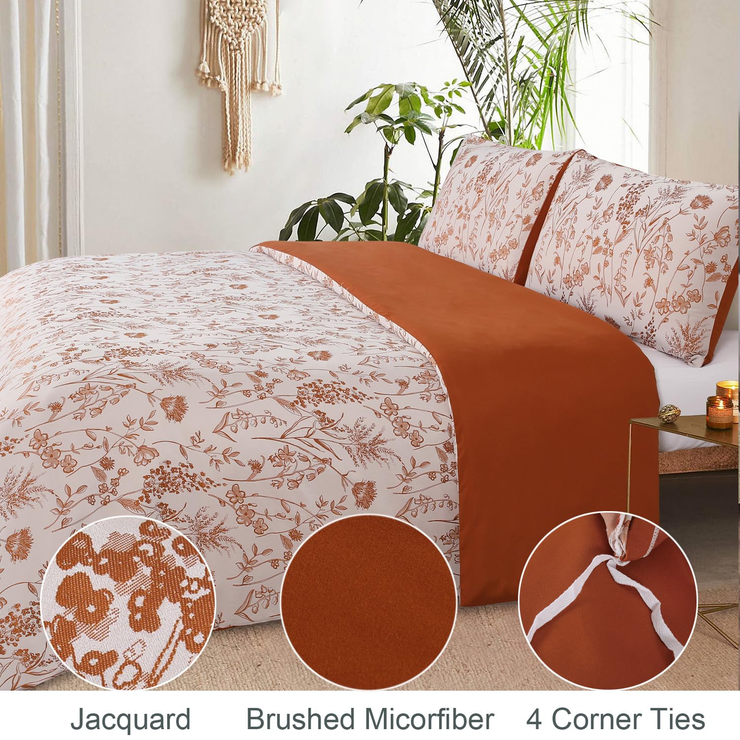 YINFUNG Flower Duvet Cover Fall Floral Embroidered Burnt Orange Terracotta Rust White Queen Spring Wildflower Botanical Jacquard Textured 3 Pieces Autumn Bedding Set Country