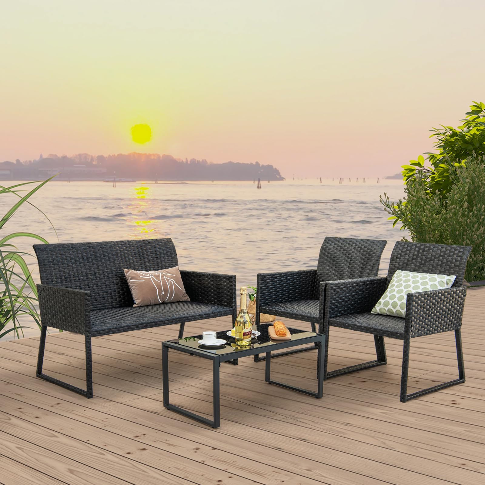 Tangkula 4 Pieces Wicker Patio Furniture Set with Quick Dry Foam, Patiojoy All Weather Resistant Outdoor Conversation Set, for Backyard, Poolside, Deck, Balcony, Garden (1, Mix Brown)