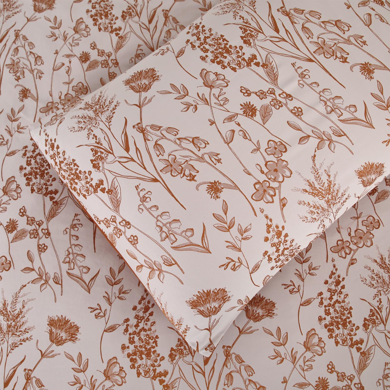 YINFUNG Flower Duvet Cover Fall Floral Embroidered Burnt Orange Terracotta Rust White Queen Spring Wildflower Botanical Jacquard Textured 3 Pieces Autumn Bedding Set Country