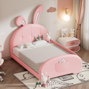 bellemave twin size upholstered platform bed with bunny-shaped headboard, pink princess bed for girls, low daybed frame with side rail for kids teens, faux leather