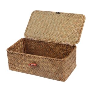 moosky wicker shelf baskets with lid,handwoven seagrass basket for storage basket bins rectangular home organizer gift boxes (natural small)