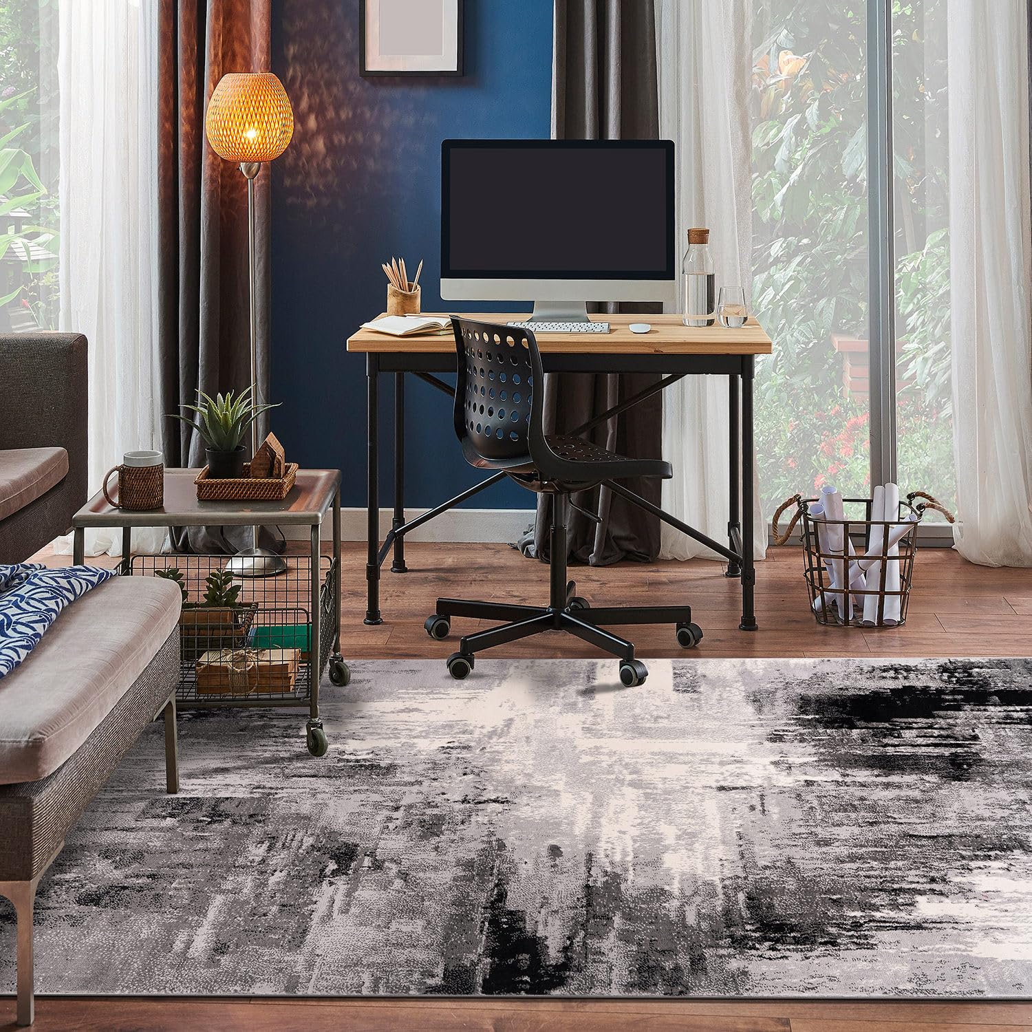 Rugshop Basel Contemporary Abstract Art Stain Resistant Soft Area Rug 5' x 7' Black