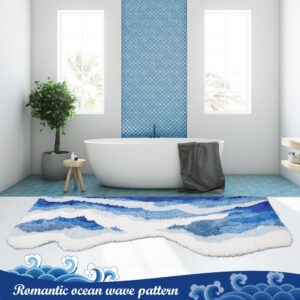 Loyeeho Wave Rug Ocean Rug Wavy Bathroom Rug Romantic Carpet Washable Blue Bath Mat 3D Microfiber Rug with Non-Slip Backing (32"x20")