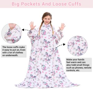 Viviland Wearable Fleece Blanket For Kids with Sleeves & Foot Pocket for kids Snuggie Lightweight Soft Blanket for Girls Hook & Loop 47" x 47" Inches (White Unicorn)