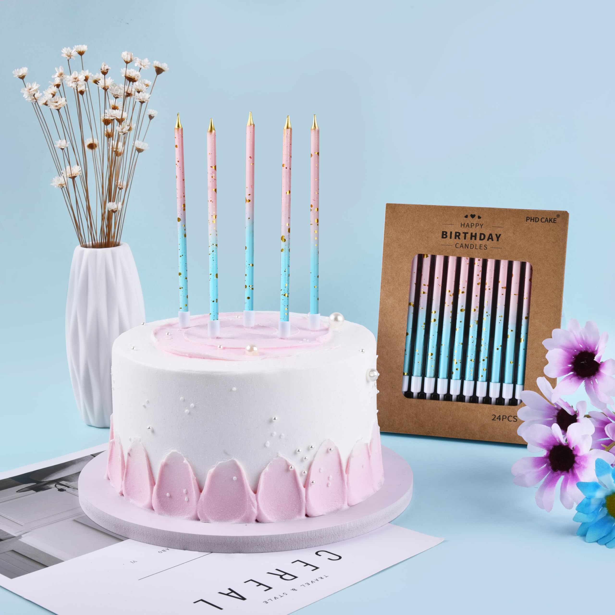 PHD CAKE Pink Blue Gold Long Thin Birthday Candles, Cake Candles, Birthday Parties, Wedding Decorations, Party Candles