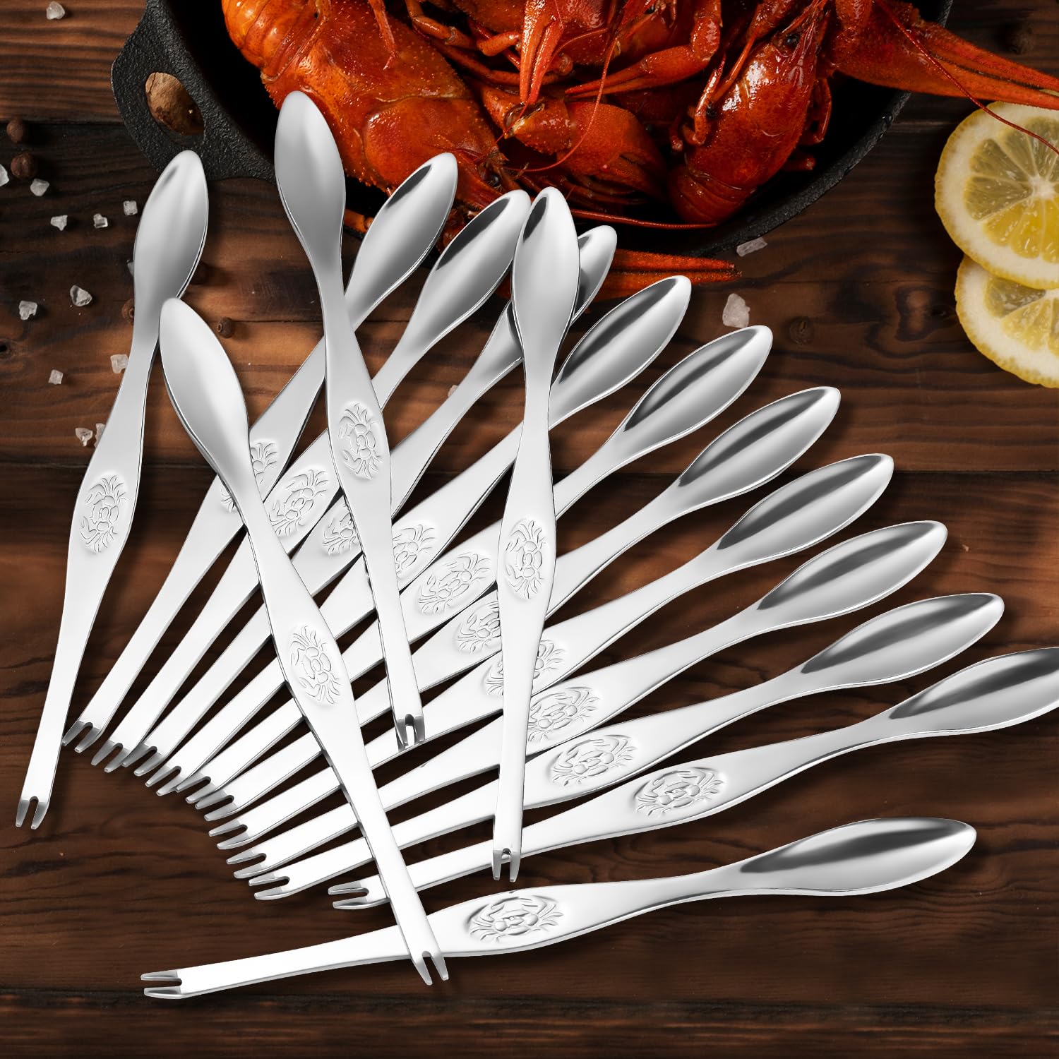 15Pcs Stainless Steel Seafood Forks, Crab Forks with Double Headed 304 Spoons, Seafood Tools for Eating Lobster Crab Leg Shrimp