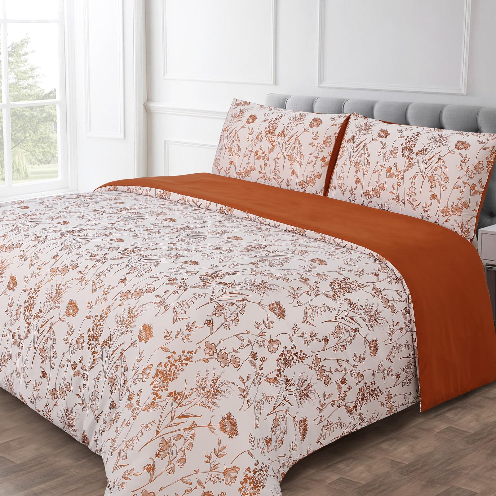 YINFUNG Flower Duvet Cover Fall Floral Embroidered Burnt Orange Terracotta Rust White Queen Spring Wildflower Botanical Jacquard Textured 3 Pieces Autumn Bedding Set Country