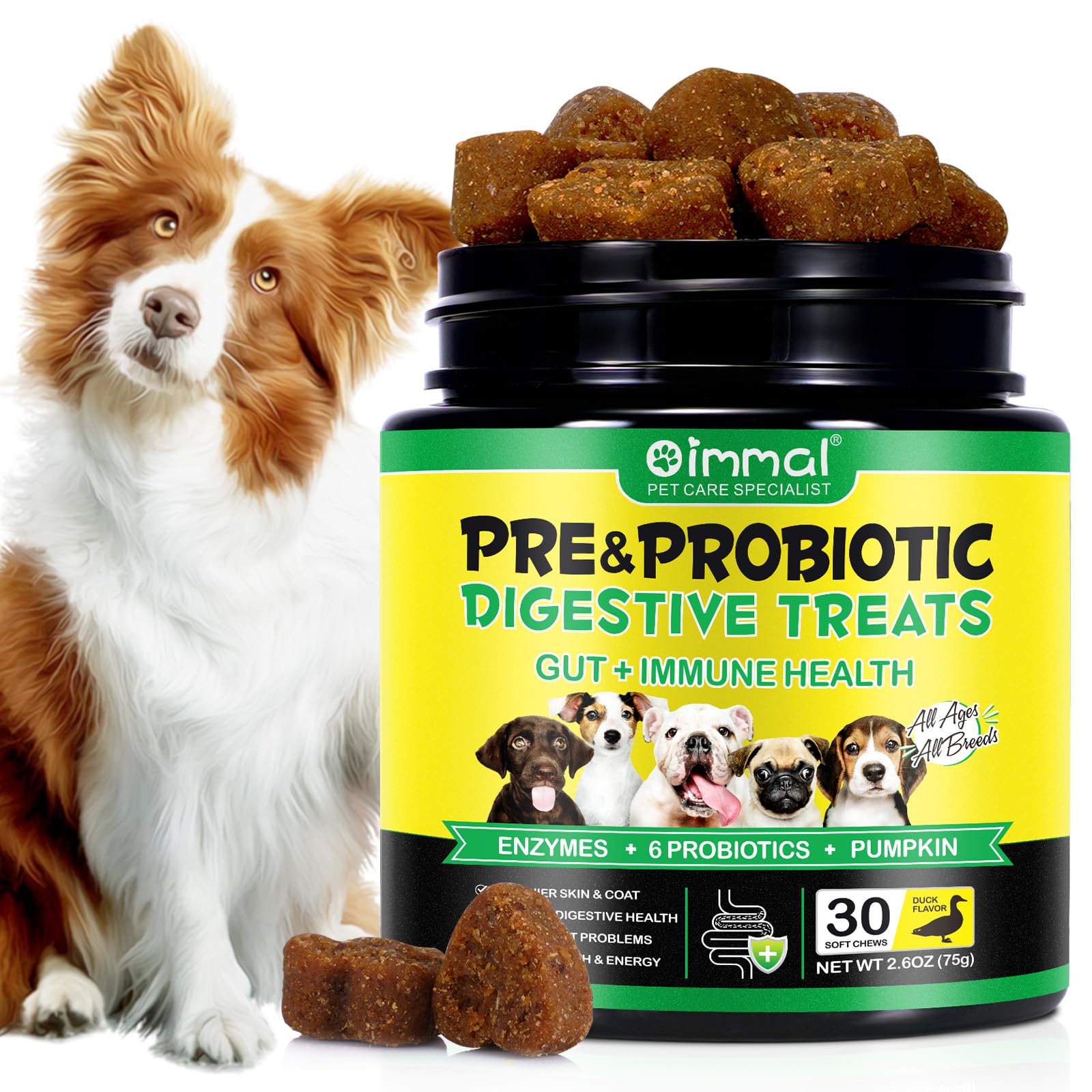 Probiotics for Dogs (Duck 30PCS), Probiotic Chews for Dogs with Digestive Enzymes, Dog Probiotics for Yeast, Itchy Skin, Anti Diarrhea, Gut Digestive Health, Allergy & Immune Support - for All Breeds