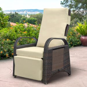 Skypatio Indoor/Outdoor Wicker Recliner Chair, Adjustable Backrest Patio Recliner Lounge Chair with Flip Side Table, Footrest and Soft Cushion(Khaki)