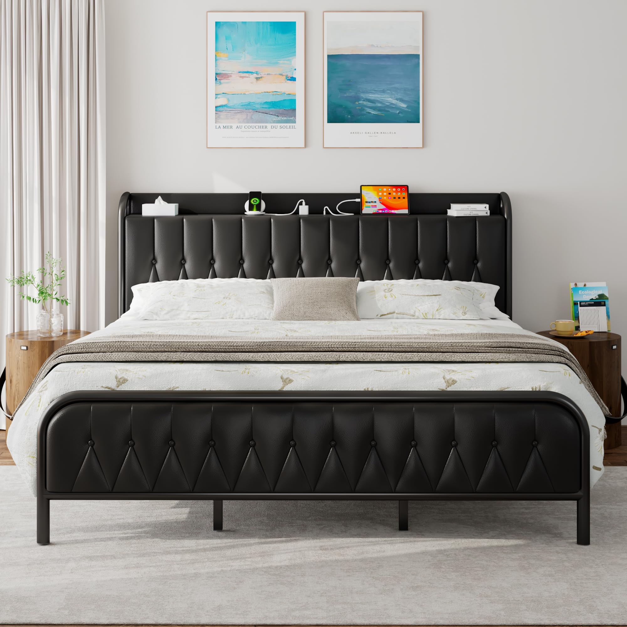 iPormis King Size Metal Bed Frame with Charging Station, Faux Leather Headboard and Footboard, Heavy Duty Steel Support, 12" Under Bed Storage, No Box Spring Needed, Easy Assembly, Black