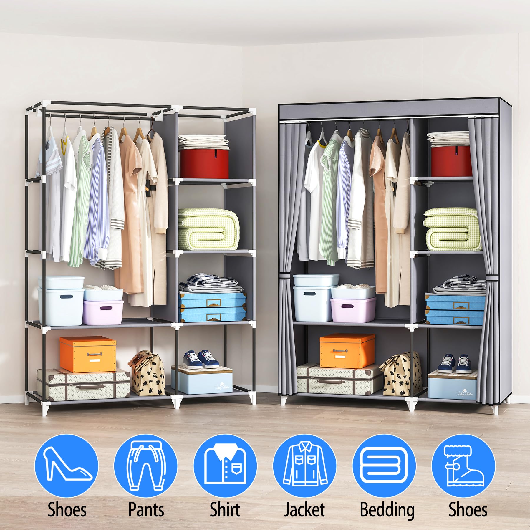 KEKIWE Portable Closet, Wardrobe Closet for Hanging Clothes with 1 Hanging Rods, 6 Storage Organizer Shelves, Easy to Assemble, Space Saving for Bedroom, 43 x 17.7 x 66 Inches, Grey