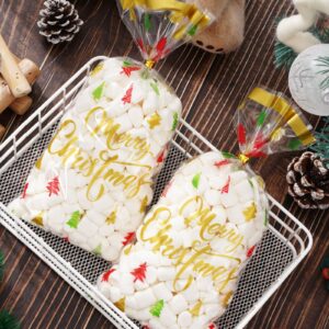 Whaline 150Pcs Christmas Cellophane Bags Red Green Gold Xmas Tree Print Candy Cookie Treat Bags Plastic Holiday Goodie Bags with Twist Tie