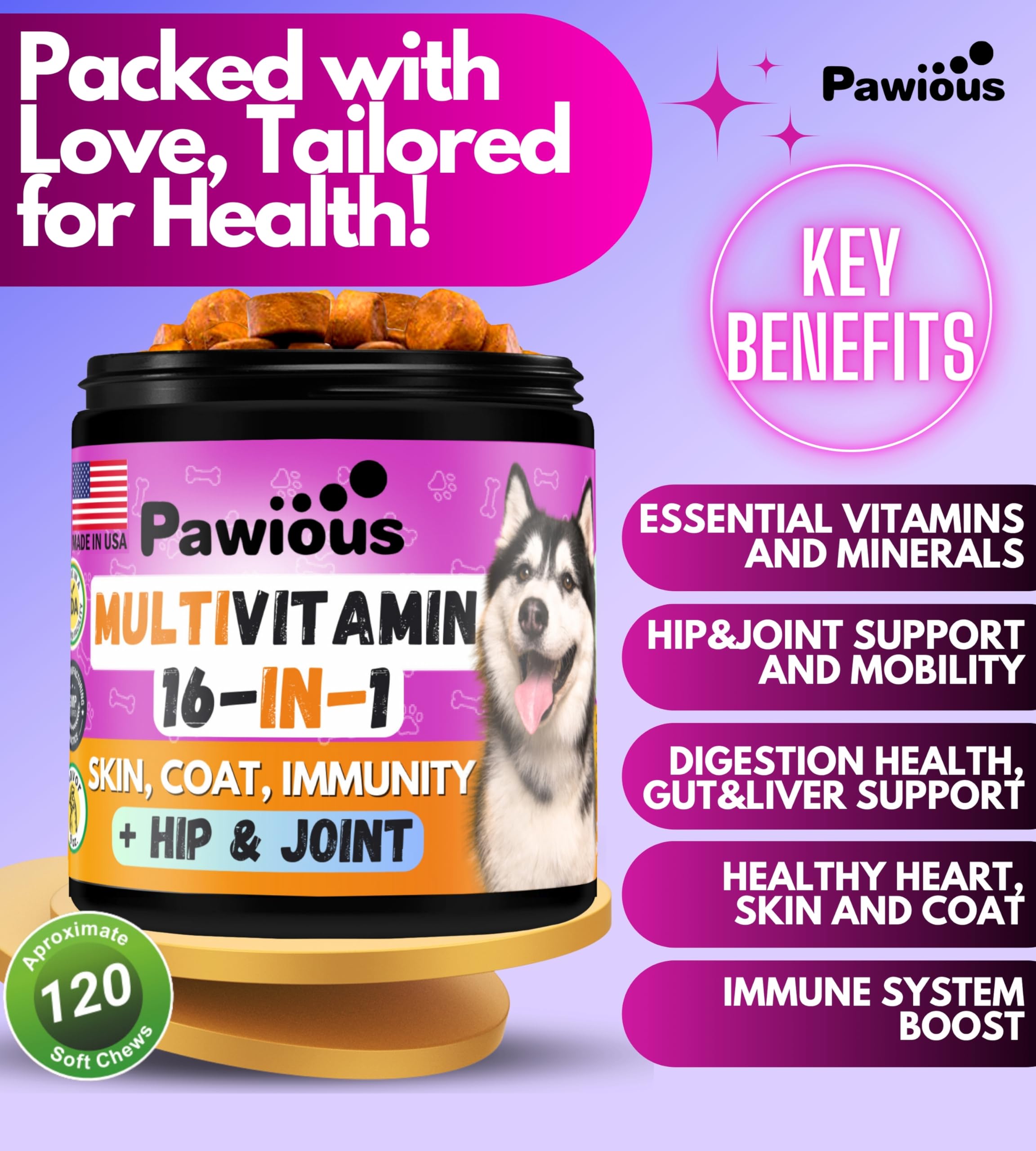 Dog Multivitamin Chewable with Glucosamine 16 in 1 - Dog Vitamins and Supplements - Hip and Joint Support Health - Immunity, Mobility - Gut, Skin, Heart, Coat