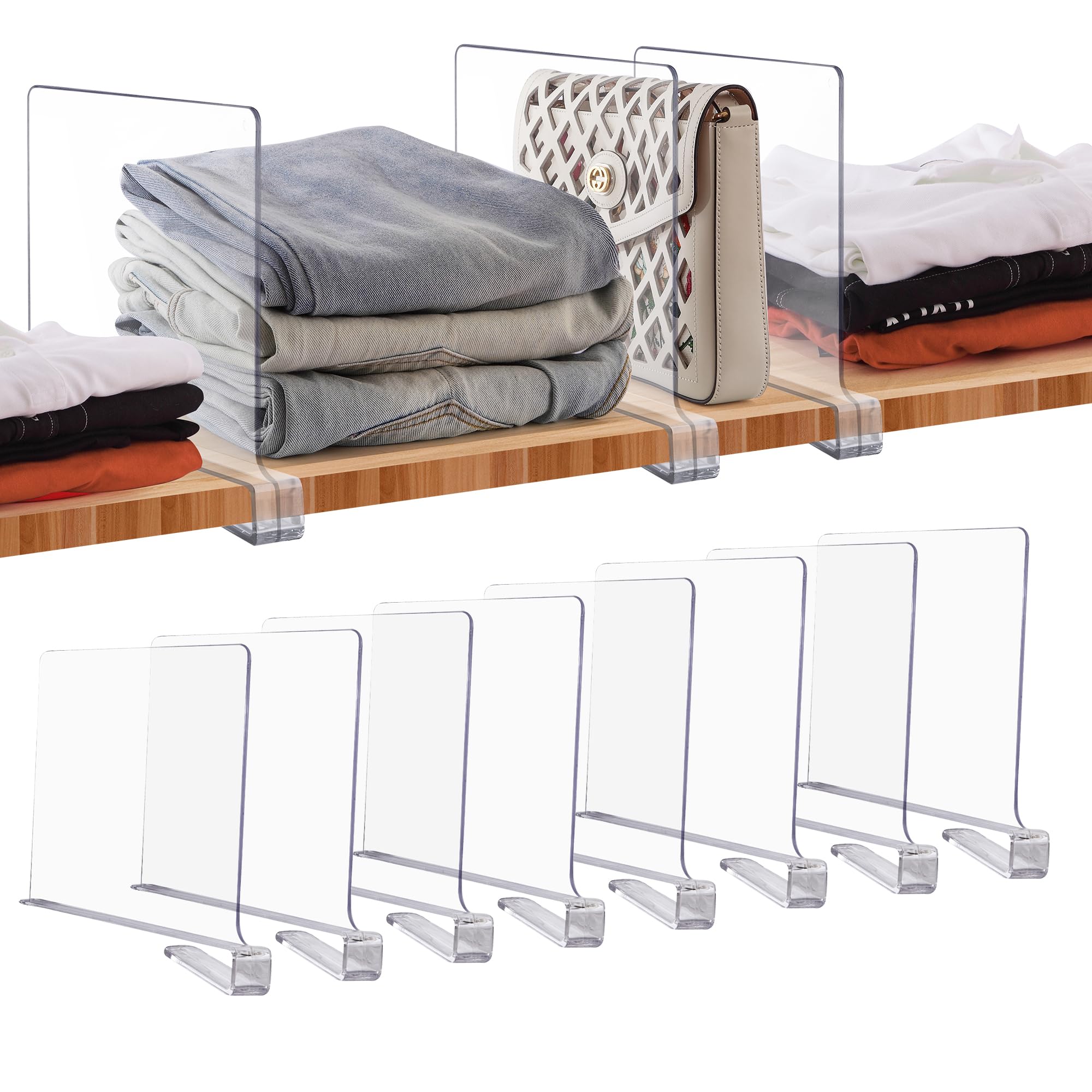 JOY DECOR 8 Pack Acrylic Clear Shelf Dividers for Closets Organizer and Storage Adjustable Vertical Wood Shelf Closet Separators for Clothes,Book,Bags in Bedroom and Kitchen