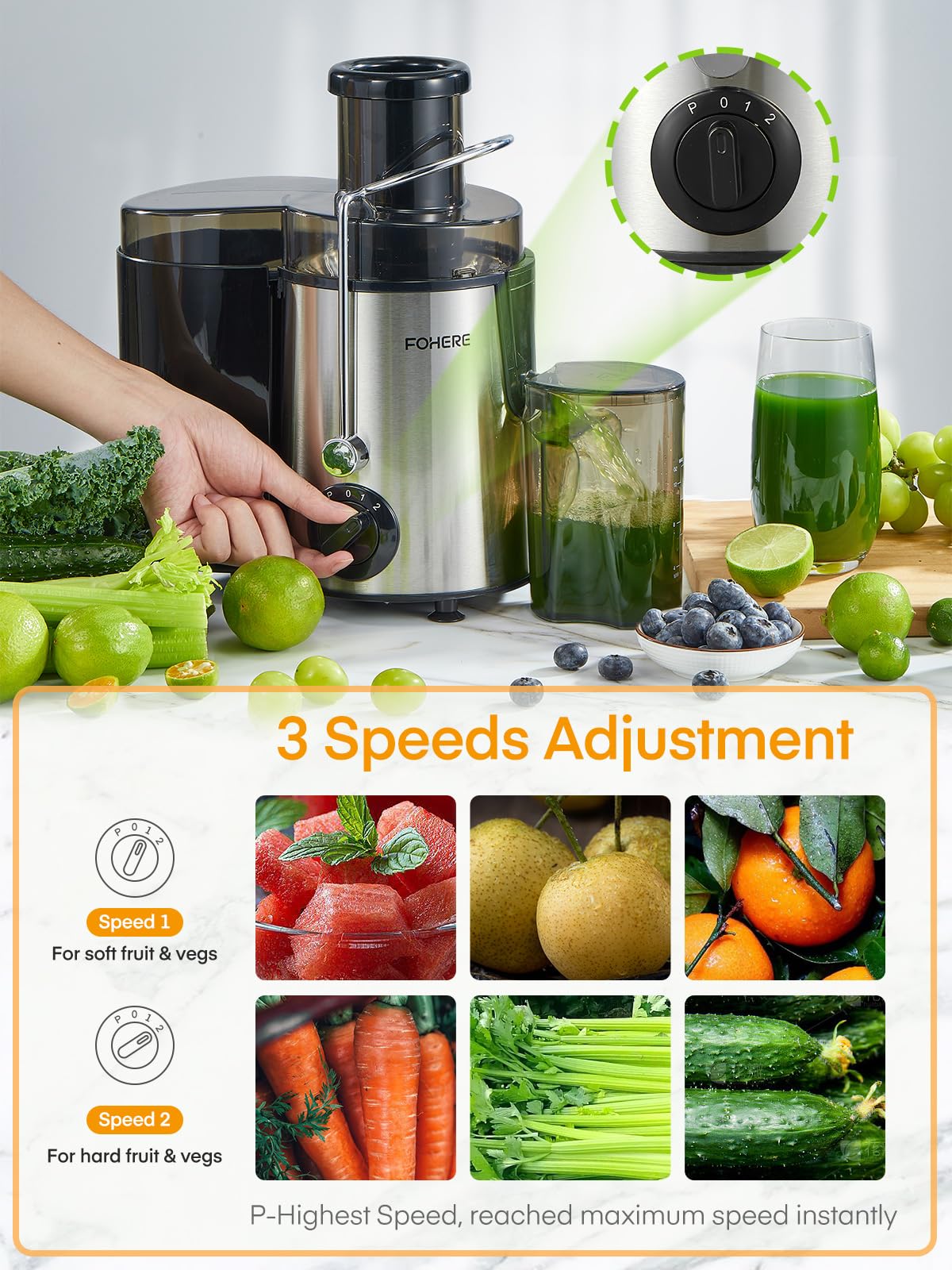 Juicer Machines, 600W Centrifugal Juicer with Wide Mouth 3” Feed Chute for Whole Vegetable and Fruit with 3-Speed Setting, Easy to Clean, BPA Free, High Yield Juice, Juice Recipe Included