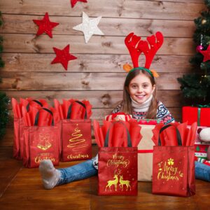 24 Pack Christmas Gift Bags with Tissues, Red Medium Reusable Christmas Tote Bags with Handles, Metallic Gold Foil Goodie Bags Non Woven Gift Bags Bulk for Christmas Holiday Party Favors, 5x8x10 Inch