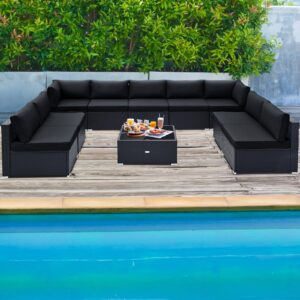 Tangkula 10 Piece Patio Sofa Set, Patiojoy Outdoor Wicker Conversation Set with Seat & Back Cushions, Tempered Glass Tabletop, Sofa Fastener Clips Included, Rattan Furniture Set for Backyard, Poolside