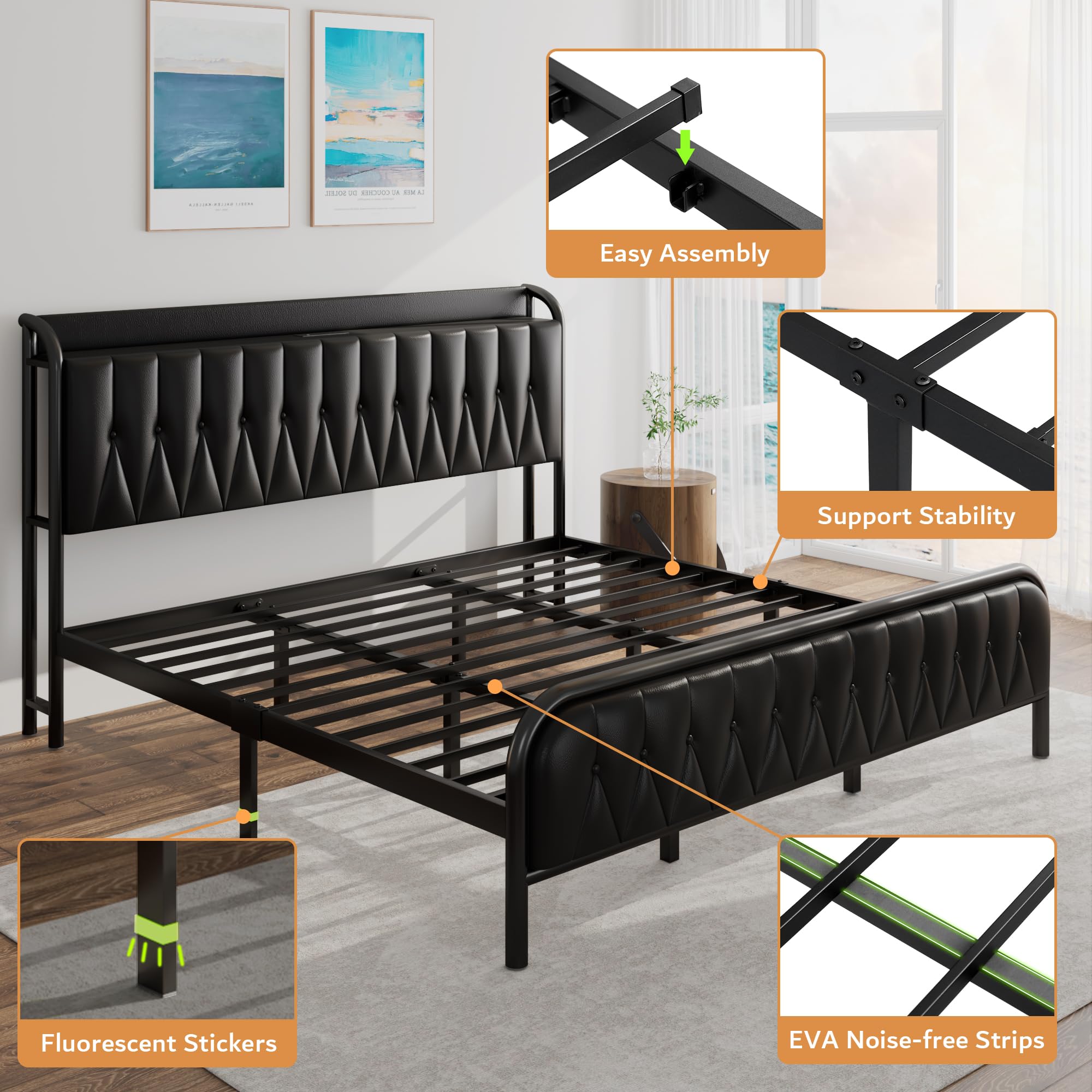 iPormis King Size Metal Bed Frame with Charging Station, Faux Leather Headboard and Footboard, Heavy Duty Steel Support, 12" Under Bed Storage, No Box Spring Needed, Easy Assembly, Black