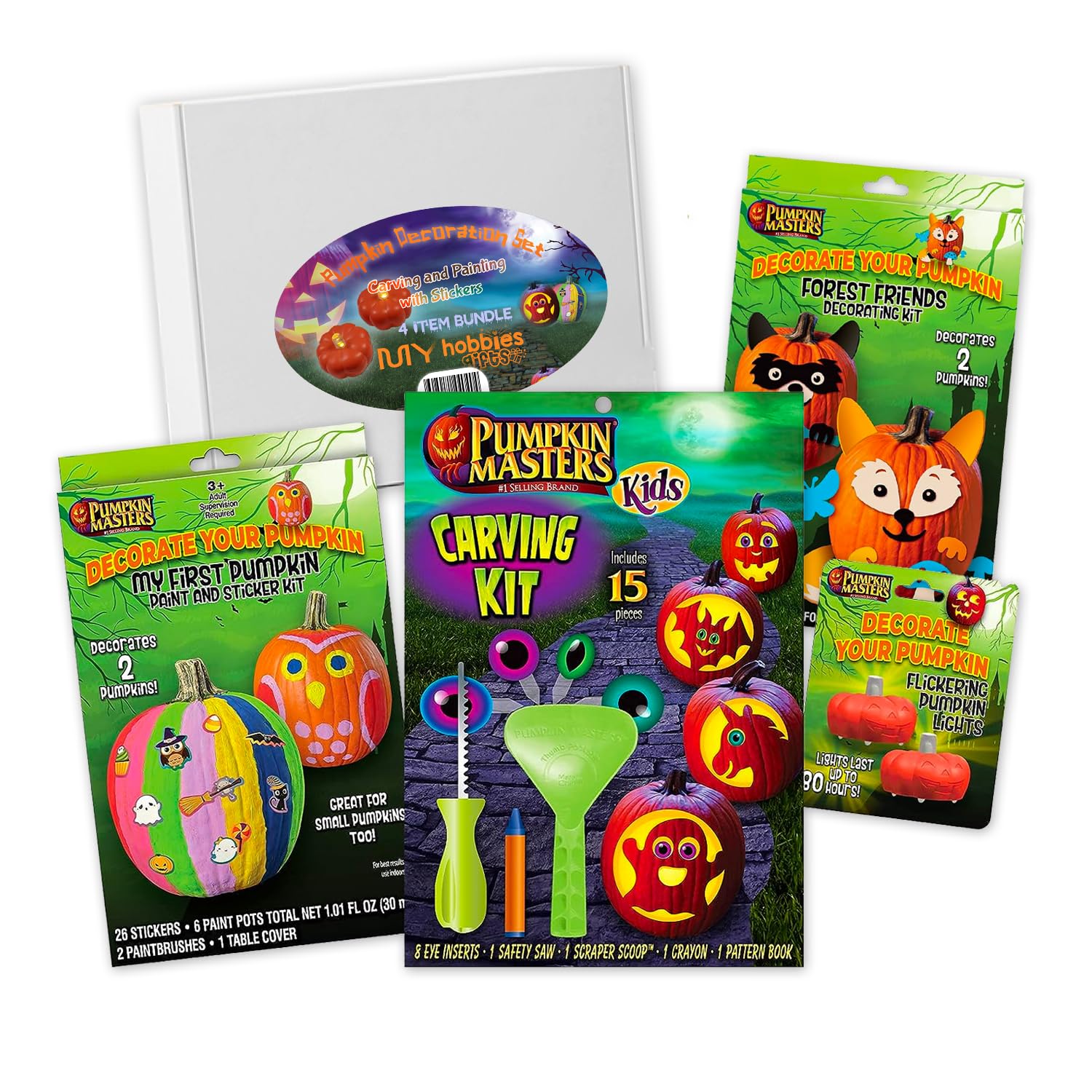 My Hobbies Gifts 4-in-1 Halloween Bundle: Pumpkin Masters Kids Pumpkin Carving Kit, Paint & Stickers, Flickering Lights, Animal Decorating Stickers - Spooky Fun! (Animals Carving & Stickers)