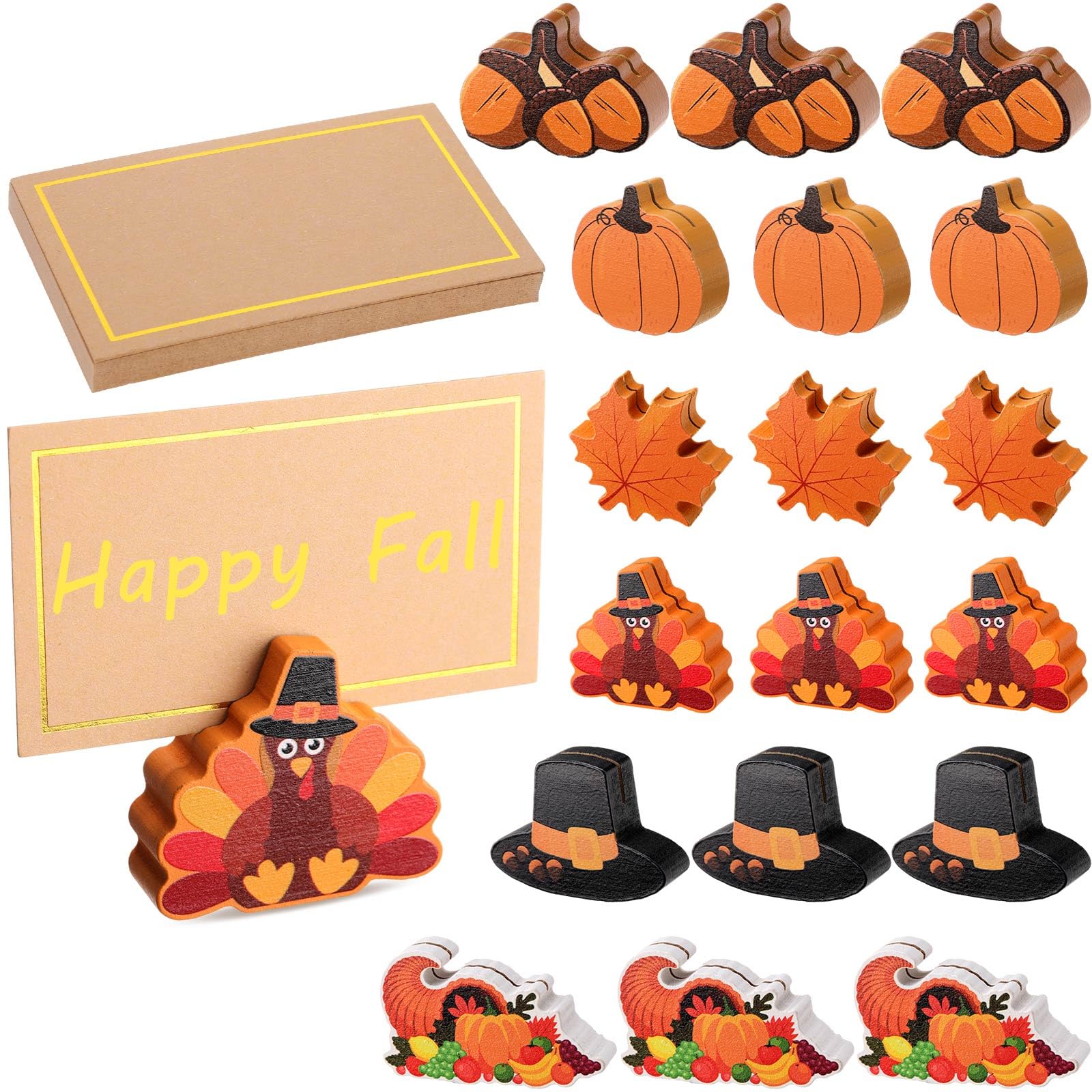 Tradder 18 Pcs Fall Pumpkin Place Card Holders with Gold Foil Card Harvest Thanksgiving Mini Pumpkin Name Card Photo Picture Stand Holder for Fall Thanksgiving Decorations Wedding(Turkey)