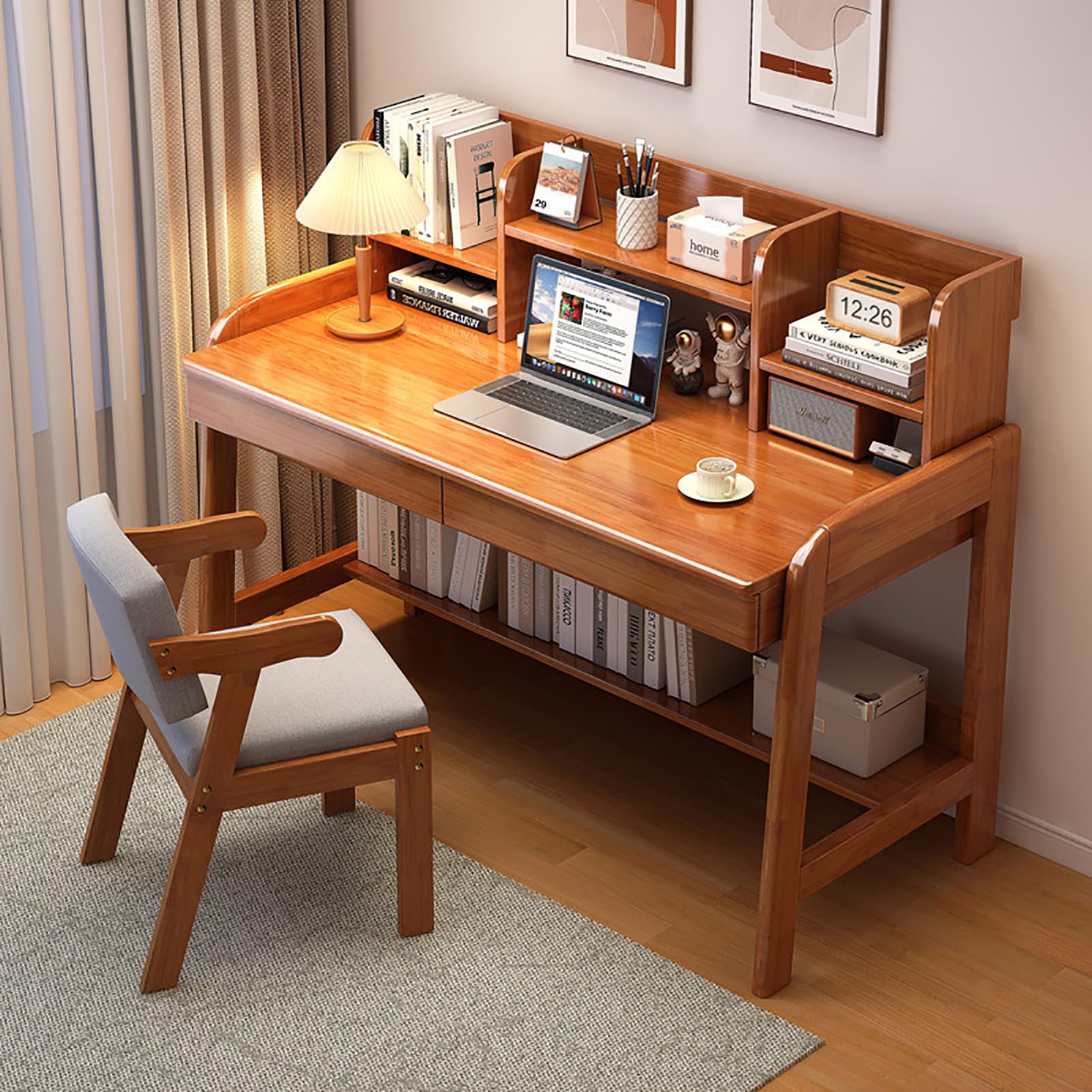 Solid Wood Writing Desk, Mid-Century Modern Computer Desk with Hutch and 2 Drawers,Simple Study Table Home Office Workstation with Open Storage Shelf(100x60x105cm(39x24x41in), Walnut)