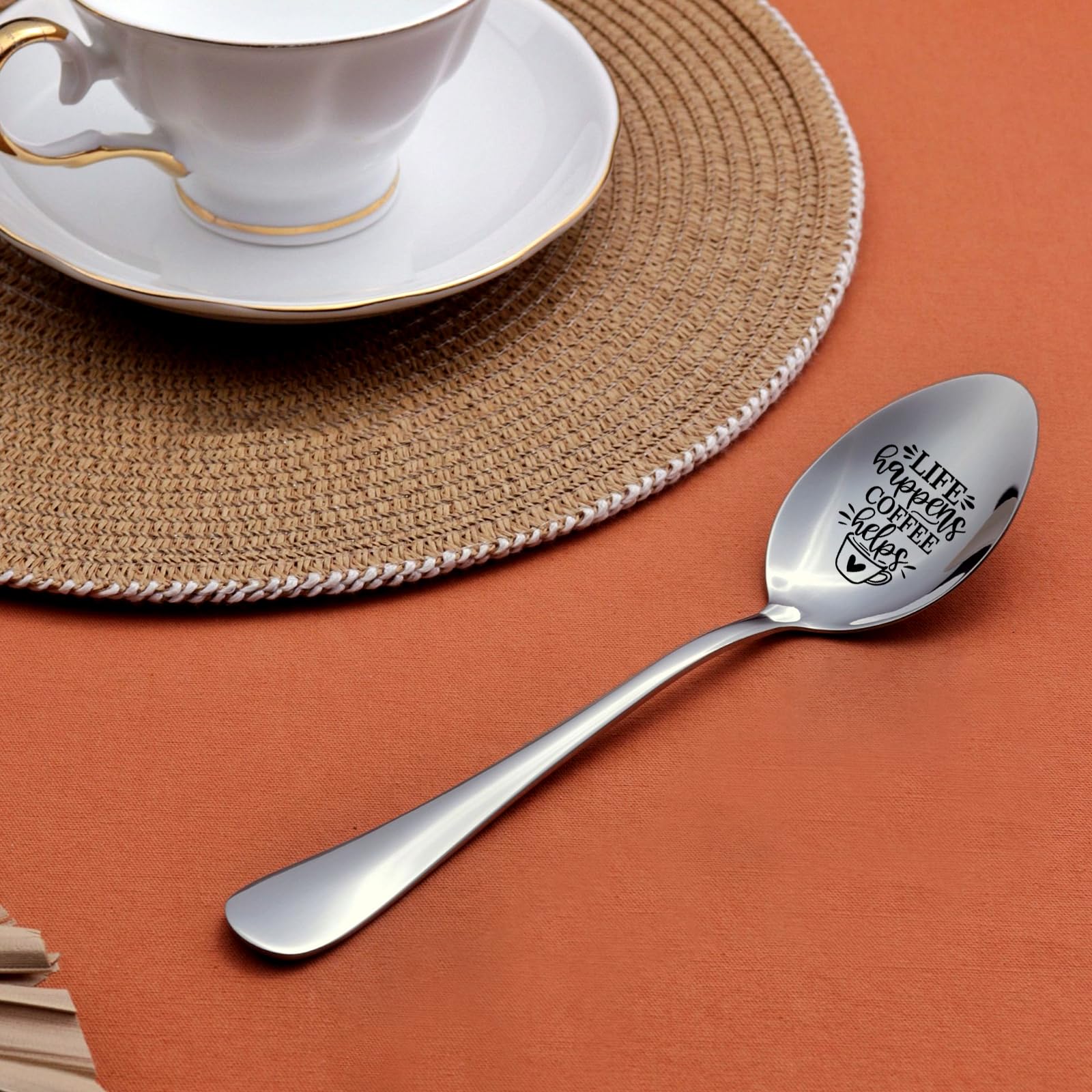 Life Happens Coffee Helps,Funny Engraved Stainless Spoon,Coffee Spoon,Coffee Lover Gifts for Men Women,Barista Gifts,Best Friend Spoon Gift(With Gift Box)