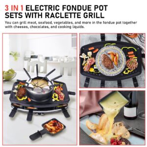 Mavouse Electric Fondue Pot Sets with Barbecue Grill, Electric lndoor Raclette Table Grill for 8 People, Adjustable Temperature Control and 8 Paddles, Perfect for Parties and Family Fun